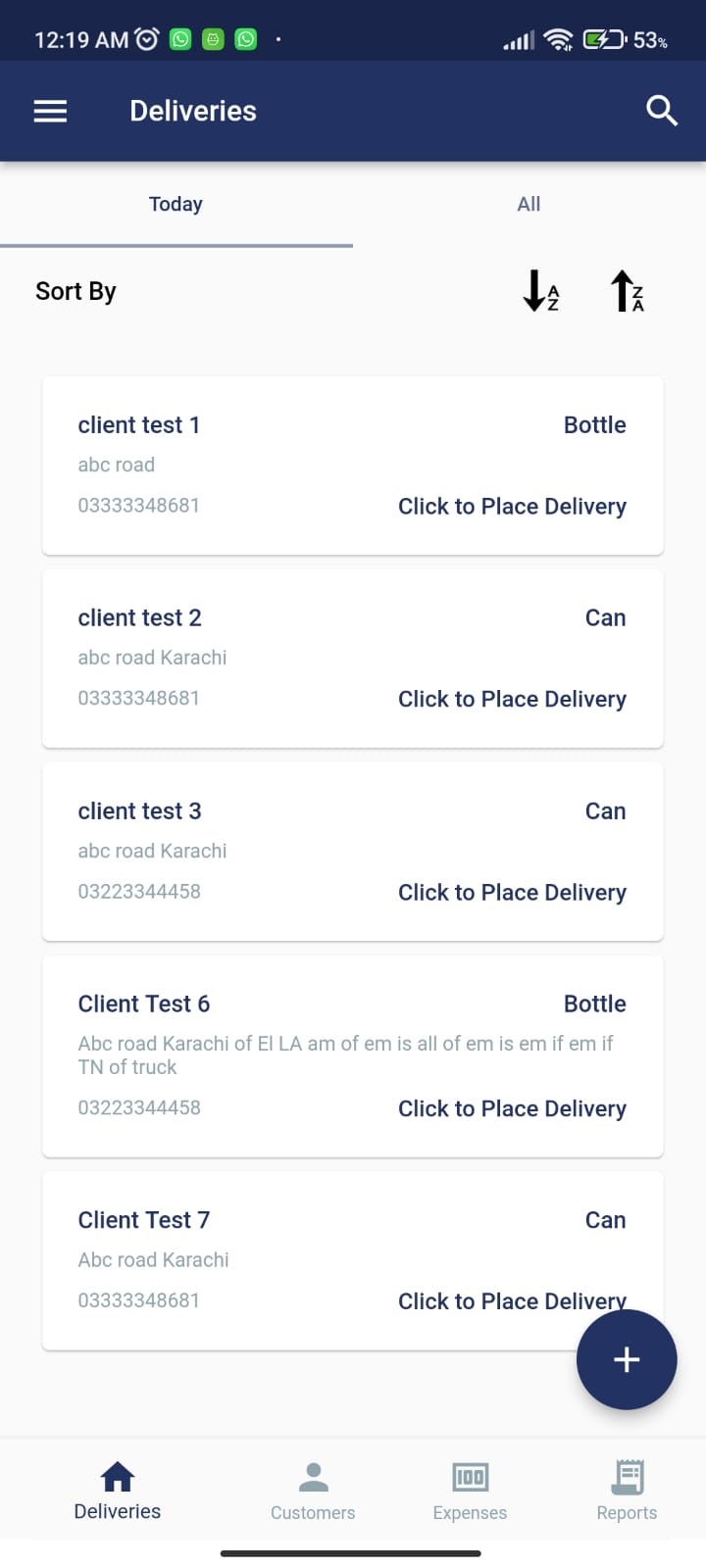 Customer list screen